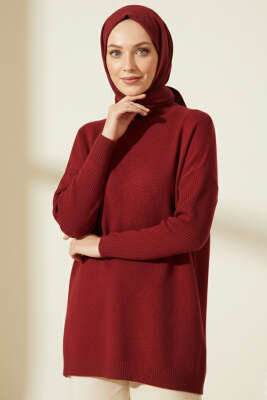 Düşük Kol Detaylı Triko Tunik Bordo 