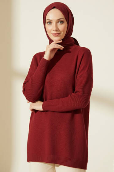 Düşük Kol Detaylı Triko Tunik Bordo - Tunik