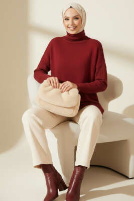 Düşük Kol Detaylı Triko Tunik Bordo - Yılın Fırsatı