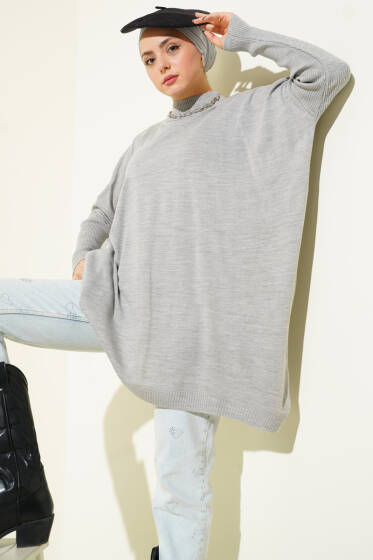 Düşük Kol Detaylı Triko Tunik Gri - Tunik