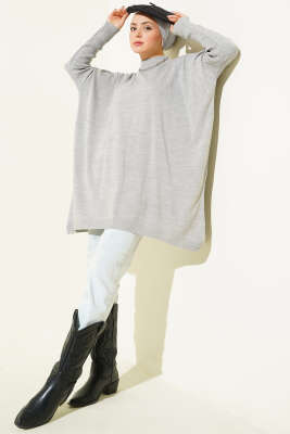 Düşük Kol Detaylı Triko Tunik Gri - Yılın Fırsatı