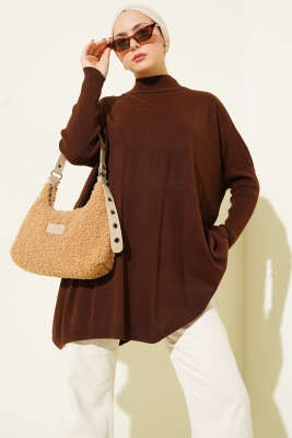 Düşük Kol Detaylı Triko Tunik Kahve - Tunik