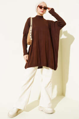 Düşük Kol Detaylı Triko Tunik Kahve - Tunik