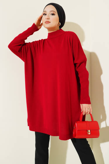 Düşük Kol Detaylı Triko Tunik Kırmızı - Tunik