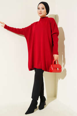 Düşük Kol Detaylı Triko Tunik Kırmızı - Tunik