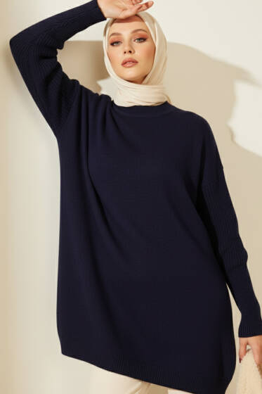 Düşük Kol Detaylı Triko Tunik Lacivert - Yılın Fırsatı