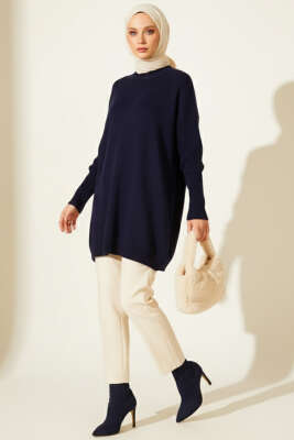 Düşük Kol Detaylı Triko Tunik Lacivert - Yılın Fırsatı