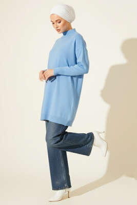 Düşük Kol Detaylı Triko Tunik Mavi - Yılın Fırsatı