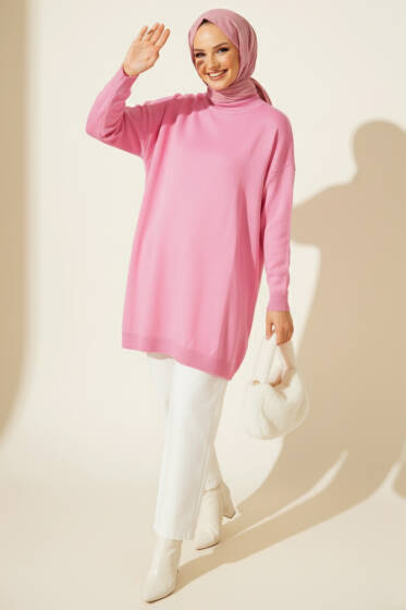 Düşük Kol Detaylı Triko Tunik Pembe - Tunik