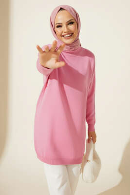 Düşük Kol Detaylı Triko Tunik Pembe - Yılın Fırsatı