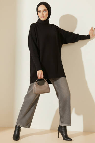 Düşük Kol Detaylı Triko Tunik Siyah - Tunik