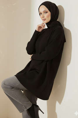 Düşük Kol Detaylı Triko Tunik Siyah - Yılın Fırsatı