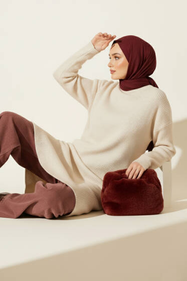 Düşük Kol Detaylı Triko Tunik Taş - Tunik