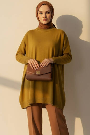 Düşük Kol Detaylı Triko Tunik Yağ Yeşili - Tunik