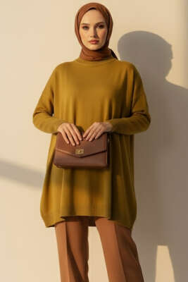 Düşük Kol Detaylı Triko Tunik Yağ Yeşili 