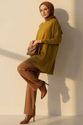 Düşük Kol Detaylı Triko Tunik Yağ Yeşili - Yılın Fırsatı