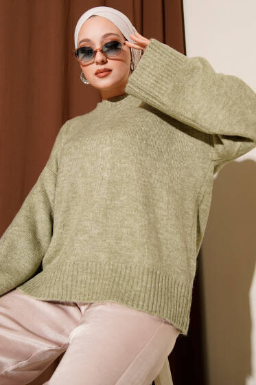 Düşük Kol Yumoş Basic Triko Tunik Çağla Yeşili - Tunik