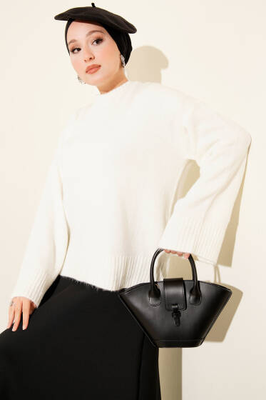 Düşük Kol Yumoş Basic Triko Tunik Ekru - Tunik