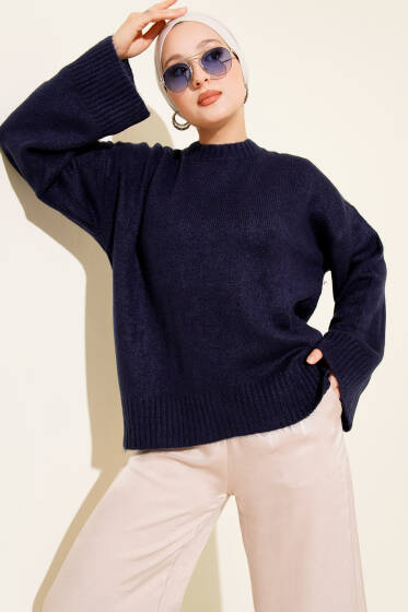 Düşük Kol Yumoş Basic Triko Tunik Lacivert - Tunik