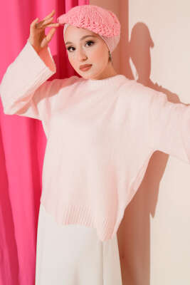 Düşük Kol Yumoş Basic Triko Tunik Pembe 