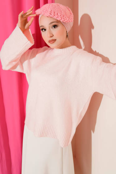 Düşük Kol Yumoş Basic Triko Tunik Pembe - Tunik