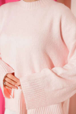 Düşük Kol Yumoş Basic Triko Tunik Pembe - Tunik