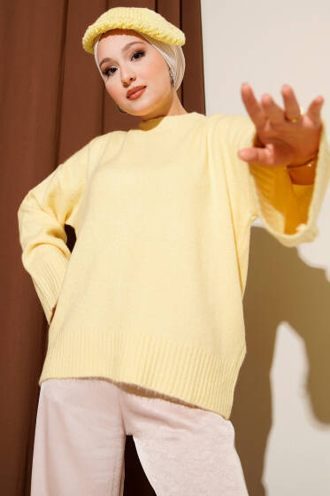 Düşük Kol Yumoş Basic Triko Tunik Sarı - Tunik