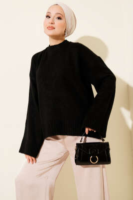 Düşük Kol Yumoş Basic Triko Tunik Siyah 