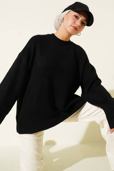 Düşük Kol Yumoş Basic Triko Tunik Siyah - Tunik