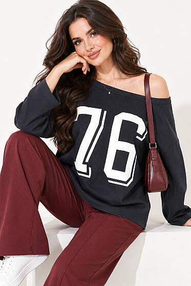 Düşük Omuz Baskılı Sweatshirt Füme - Kadın Giyim Modelleri
