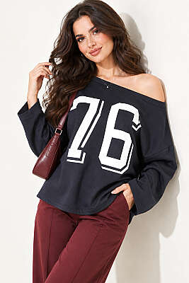 Düşük Omuz Baskılı Sweatshirt Füme - Kadın Giyim Modelleri