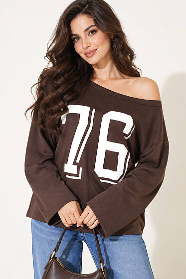 Düşük Omuz Baskılı Sweatshirt Kahve - Kadın Giyim Modelleri