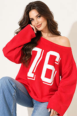 Düşük Omuz Baskılı Sweatshirt Kırmızı - LUSTRİN