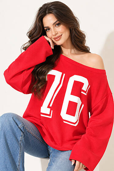 Düşük Omuz Baskılı Sweatshirt Kırmızı - Kadın Giyim Modelleri