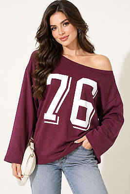 Düşük Omuz Baskılı Sweatshirt Mürdüm - LUSTRİN