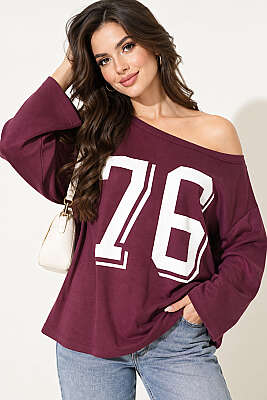 Düşük Omuz Baskılı Sweatshirt Mürdüm - Kadın Giyim Modelleri