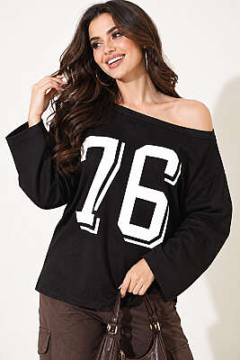 Düşük Omuz Baskılı Sweatshirt Siyah - LUSTRİN
