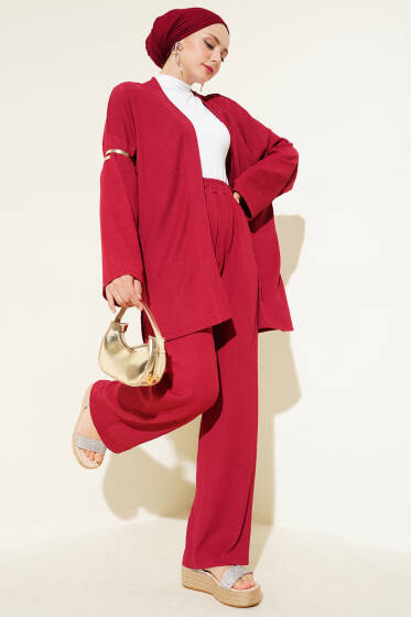Düşük Omuz Bürümcük Kimono İkili Takım Bordo - İKİLİ TAKIM