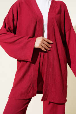 Düşük Omuz Bürümcük Kimono İkili Takım Bordo - İkili Takım