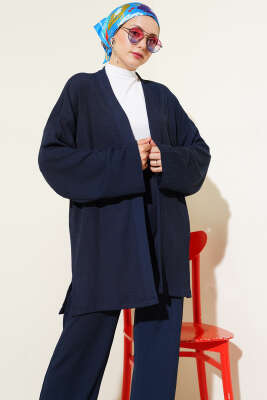 Düşük Omuz Bürümcük Kimono İkili Takım Lacivert - İkili Takım