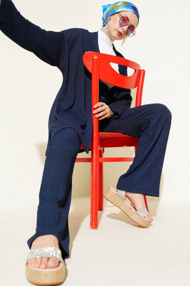 Düşük Omuz Bürümcük Kimono İkili Takım Lacivert - Yılın Fırsatı 