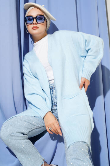 Düşük Omuz Cepli Triko Hırka Bebe Mavi - Hırka