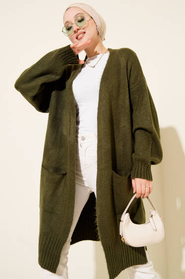 Düşük Omuz Cepli Triko Hırka Haki - Hırka