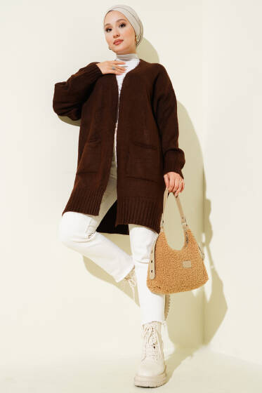 Düşük Omuz Cepli Triko Hırka Kahve - Hırka