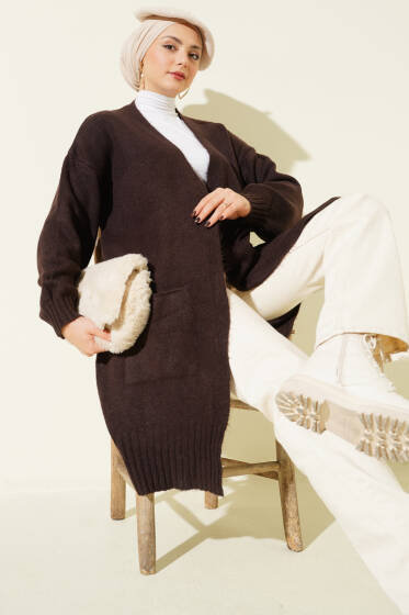 Düşük Omuz Cepli Triko Hırka Kahve - Hırka