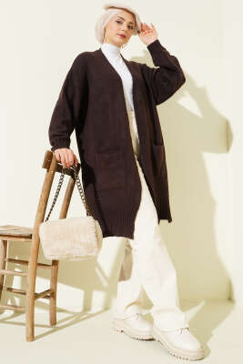 Düşük Omuz Cepli Triko Hırka Kahve - Hırka