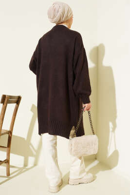 Düşük Omuz Cepli Triko Hırka Kahve - Hırka