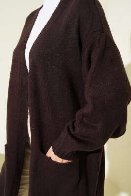 Düşük Omuz Cepli Triko Hırka Kahve - Hırka