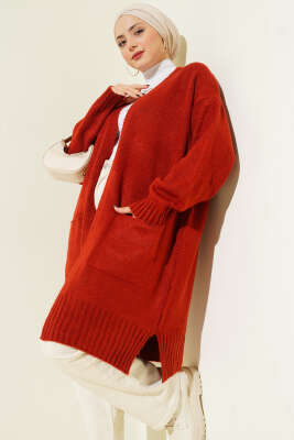 Düşük Omuz Cepli Triko Hırka Kiremit - VANİZA TRİKO