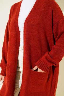 Düşük Omuz Cepli Triko Hırka Kiremit - Hırka